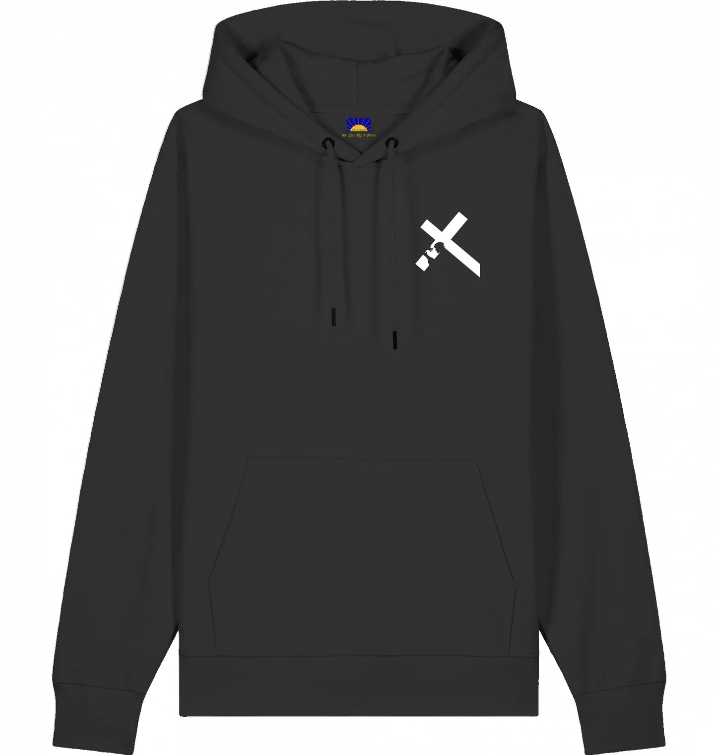 Hoodie „Carried by Jesus“ - Schwarzer christlicher Hoodie mit gedrucktem Kreuzmotiv, das Jesus beim Tragen des Kreuzes zeigt