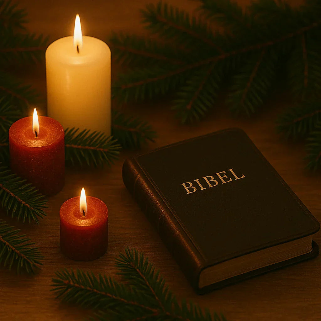 Christliche Bibel mit der Aufschrift „Bibel“, umgeben von brennenden Adventskerzen und Tannenzweigen – Symbol für Glauben, Hoffnung und die Vorweihnachtszeit
