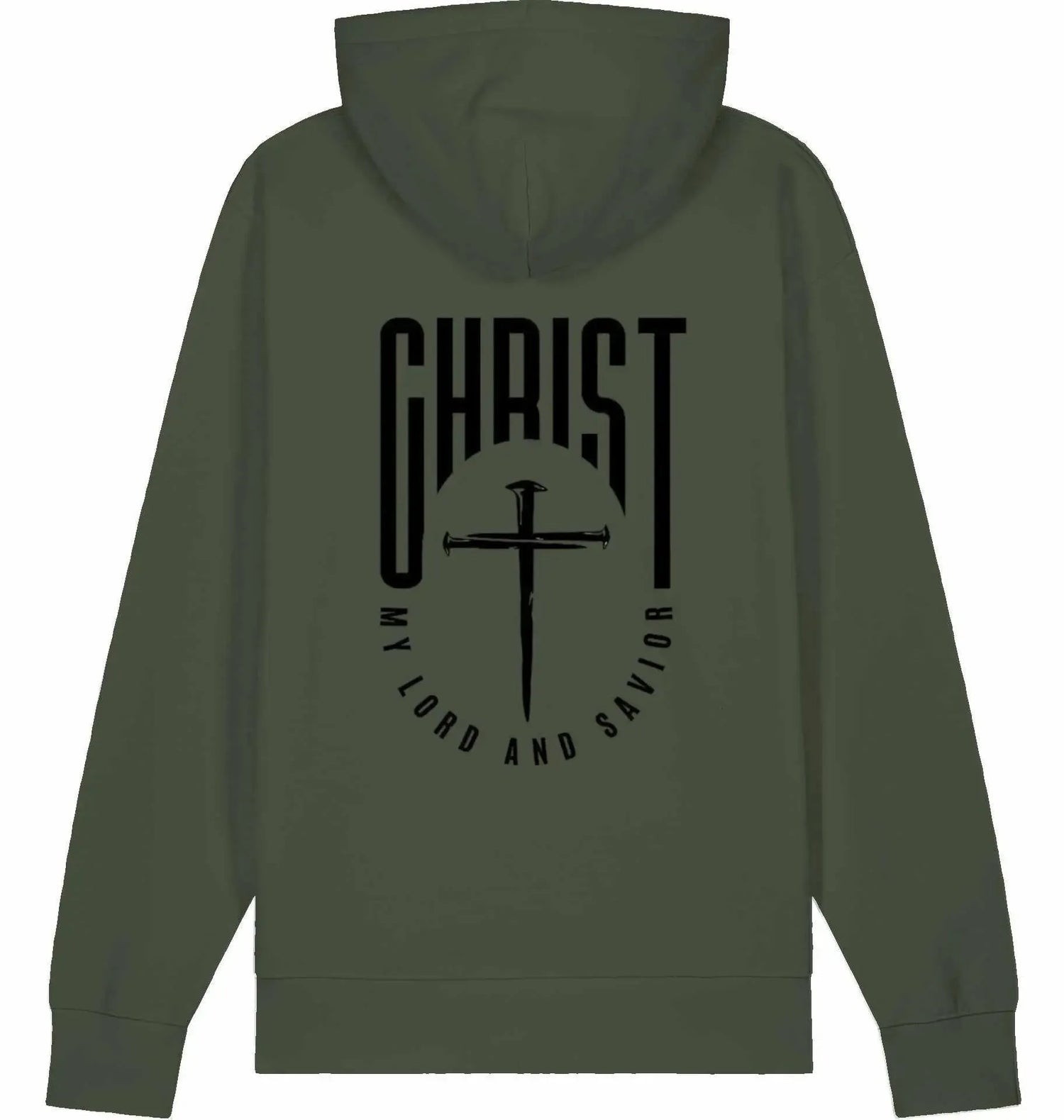 Grüner christlicher Hoodie mit Kapuze und Aufdruck "Christ - My Lord and Savior" mit Kreuzmotiv auf der Rückseite