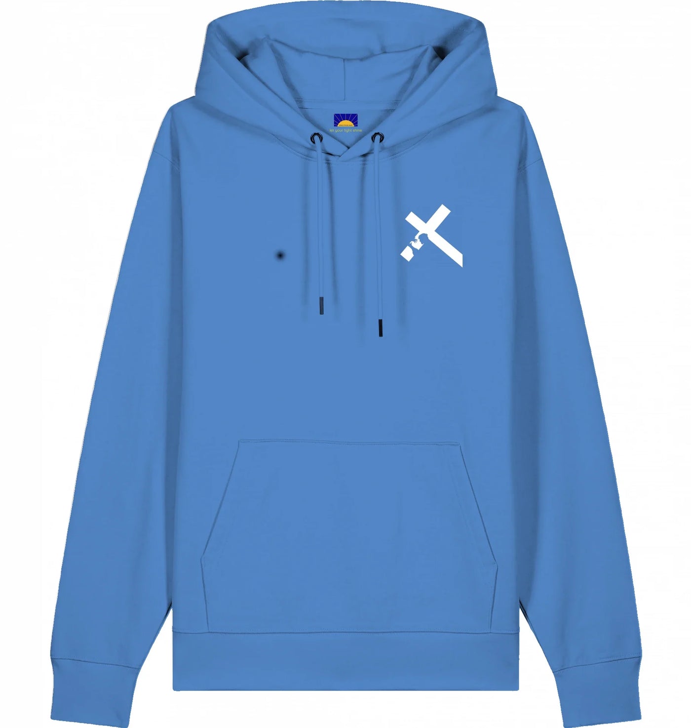 Hoodie „Carried by Jesus“ - hell blauer christlicher Hoodie mit gedrucktem Kreuzmotiv, das Jesus beim Tragen des Kreuzes zeigt