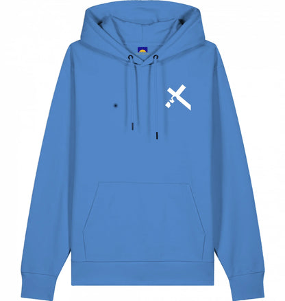 Hoodie „Carried by Jesus“ - hell blauer christlicher Hoodie mit gedrucktem Kreuzmotiv, das Jesus beim Tragen des Kreuzes zeigt