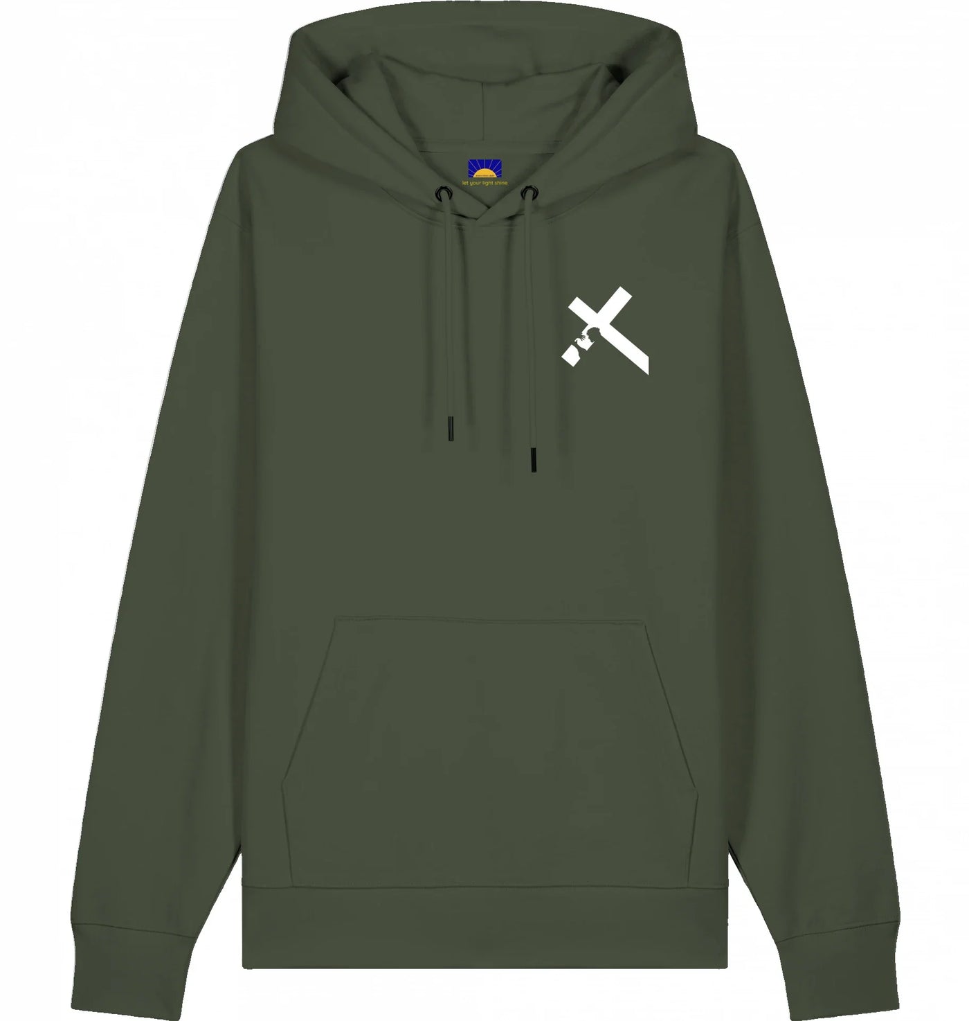 Hoodie „Carried by Jesus“ - christlicher Hoodie mit gedrucktem Kreuzmotiv, das Jesus beim Tragen des Kreuzes zeigt in Khaki 