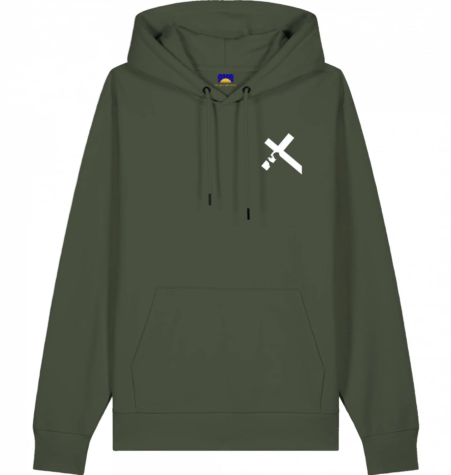 Hoodie „Carried by Jesus“ - christlicher Hoodie mit gedrucktem Kreuzmotiv, das Jesus beim Tragen des Kreuzes zeigt in Khaki 