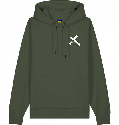 Hoodie „Carried by Jesus“ - christlicher Hoodie mit gedrucktem Kreuzmotiv, das Jesus beim Tragen des Kreuzes zeigt in Khaki 