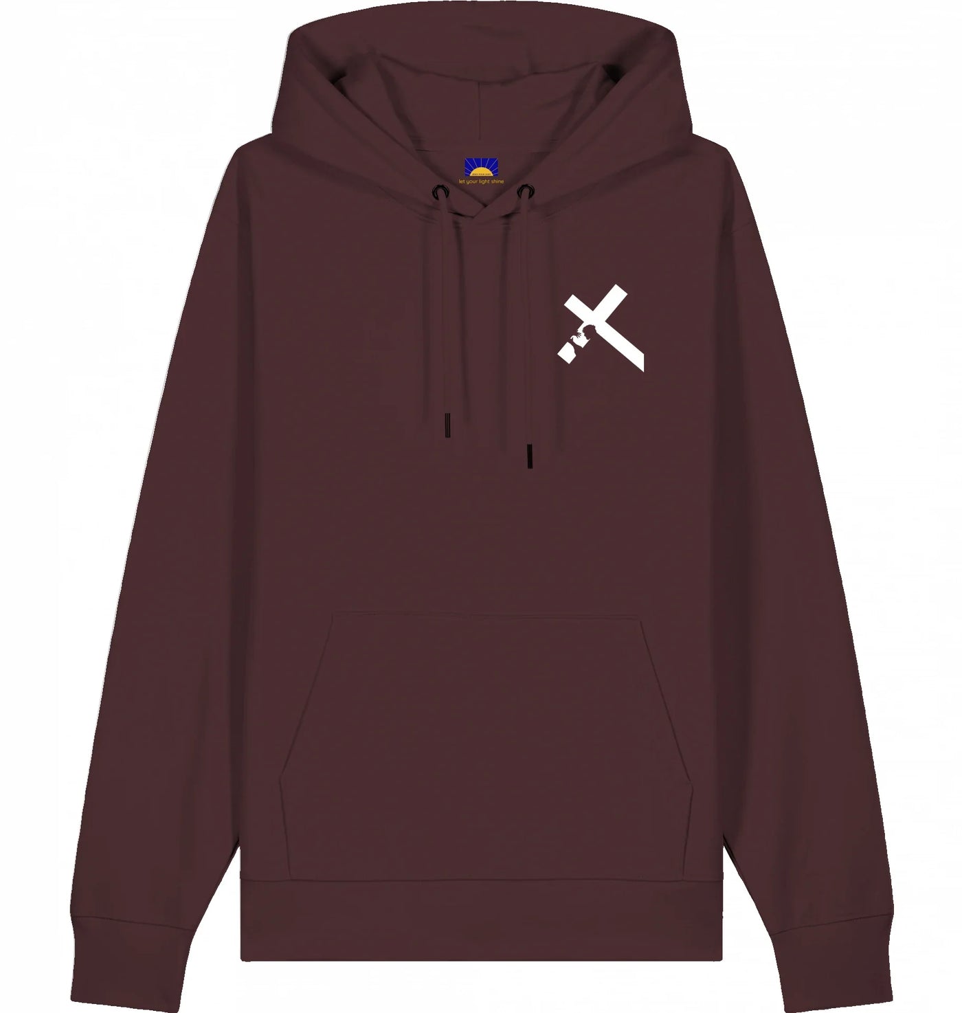 Hoodie „Carried by Jesus“ - rot brauner christlicher Hoodie mit gedrucktem Kreuzmotiv, das Jesus beim Tragen des Kreuzes zeigt