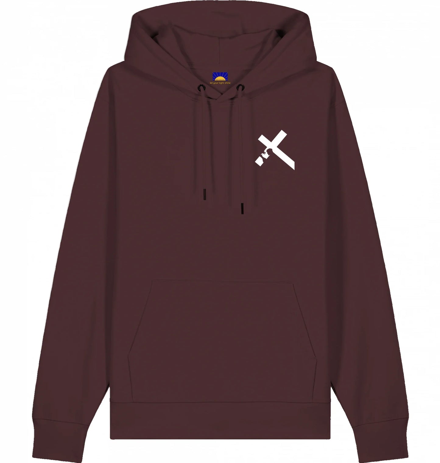 Hoodie „Carried by Jesus“ - rot brauner christlicher Hoodie mit gedrucktem Kreuzmotiv, das Jesus beim Tragen des Kreuzes zeigt