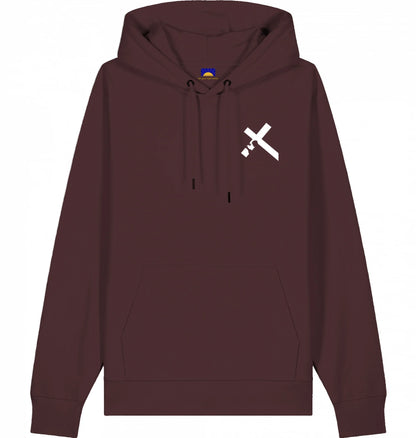 Hoodie „Carried by Jesus“ - rot brauner christlicher Hoodie mit gedrucktem Kreuzmotiv, das Jesus beim Tragen des Kreuzes zeigt