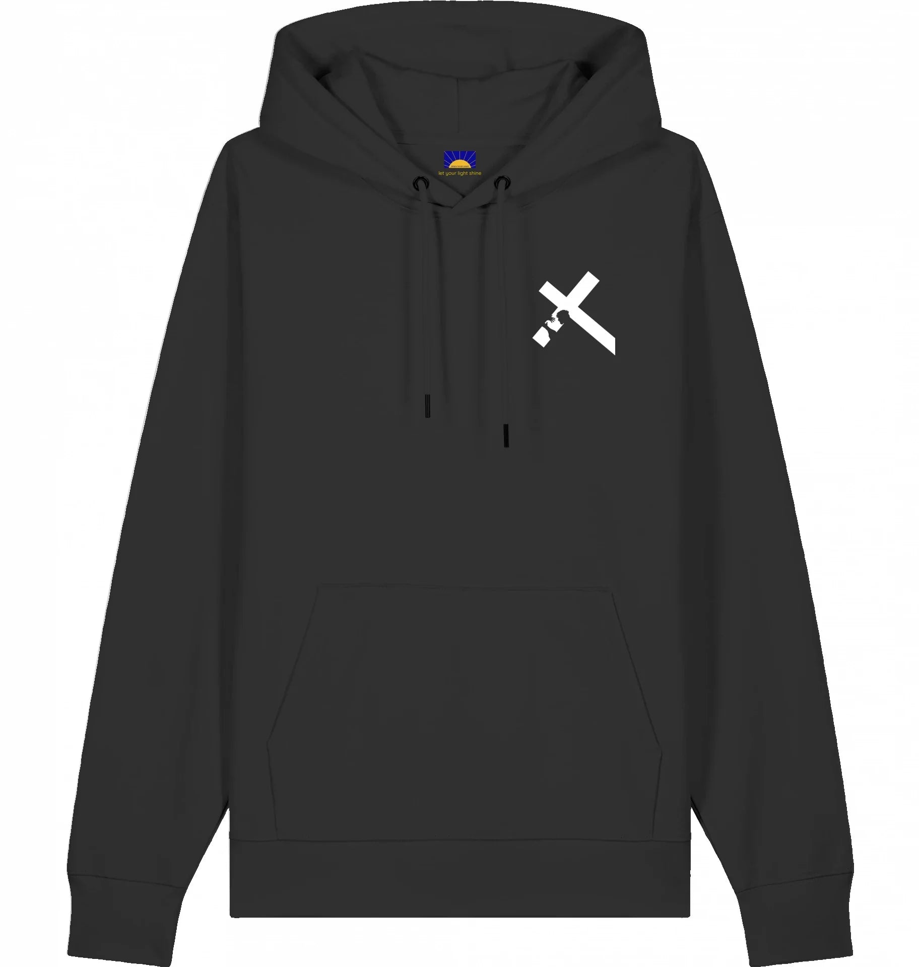 Hoodie „Carried by Jesus“ - Schwarzer christlicher Hoodie mit gedrucktem Kreuzmotiv, das Jesus beim Tragen des Kreuzes zeigt