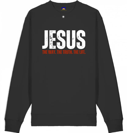 Christliches Sweatshirt schwarz mit Jesus Print „The Way The Truth The Life“ Frontdruck.