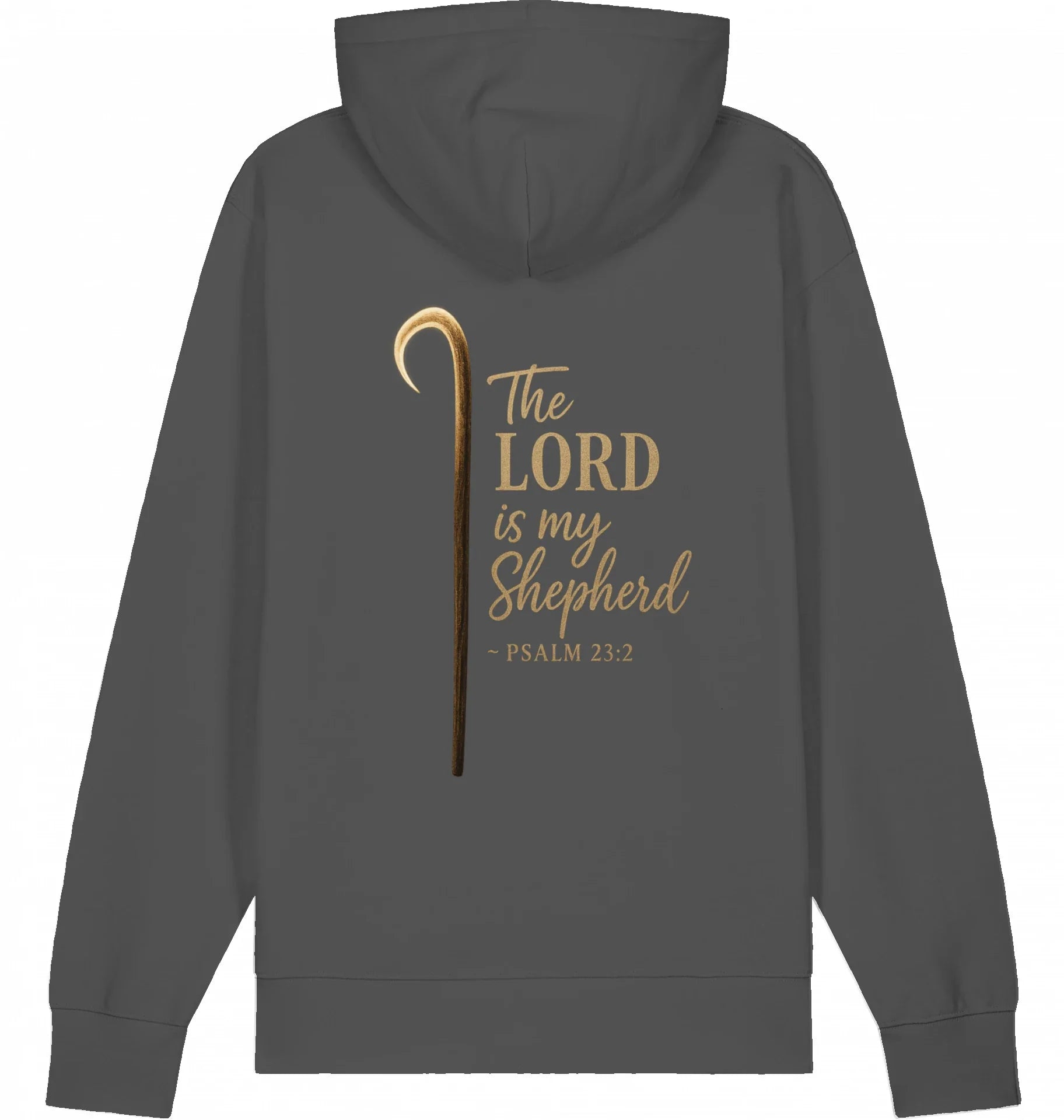 Hoodie – The Lord is my Shepherd - grauer Hoodie mit goldfarbenem Hirtenstab und dem Schriftzug „The Lord is my Shepherd – Psalm 23:2“ als großer Rückendruck.