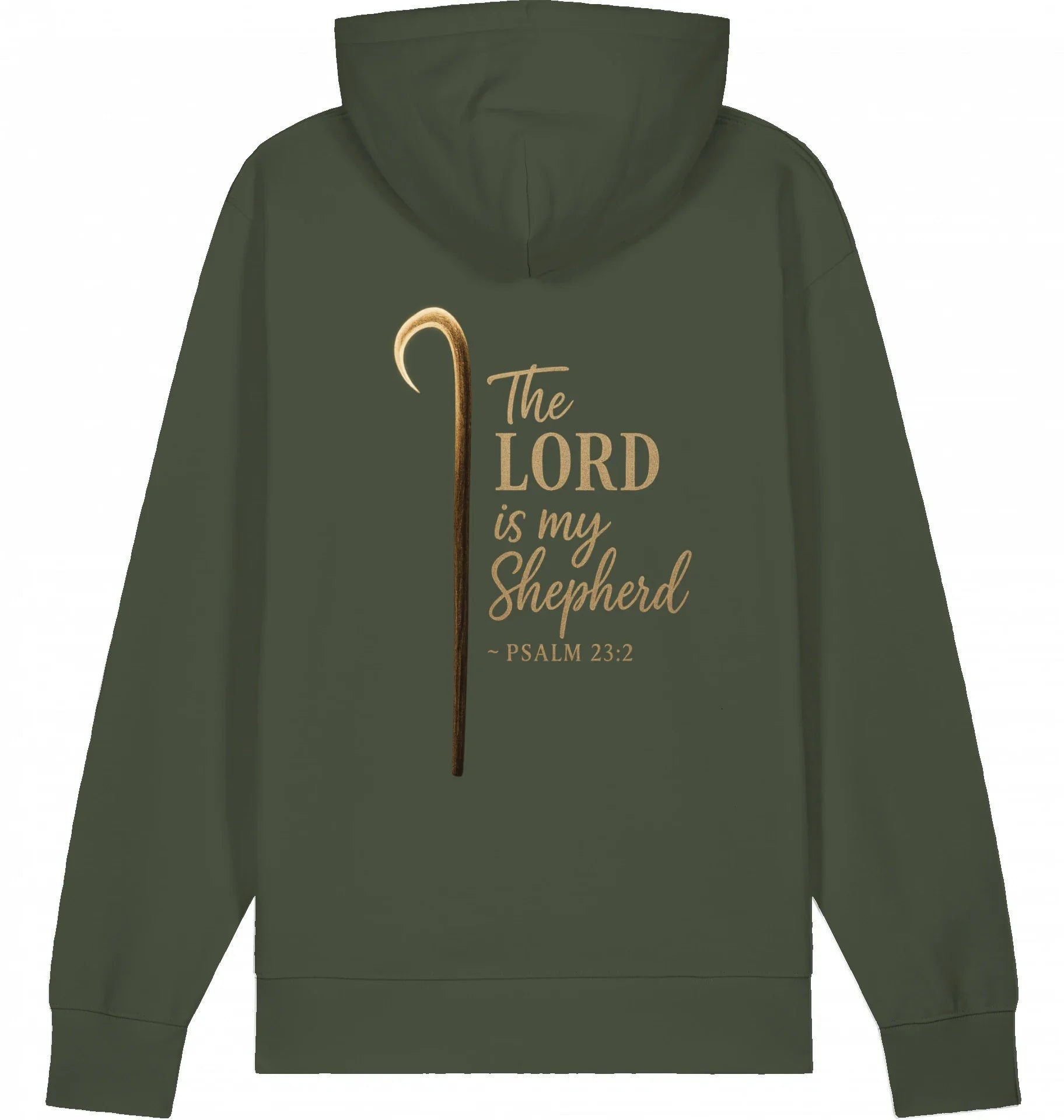 Hoodie – The Lord is my Shepherd - Grüner Hoodie mit goldfarbenem Hirtenstab und dem Schriftzug „The Lord is my Shepherd – Psalm 23:2“ als großer Rückendruck.