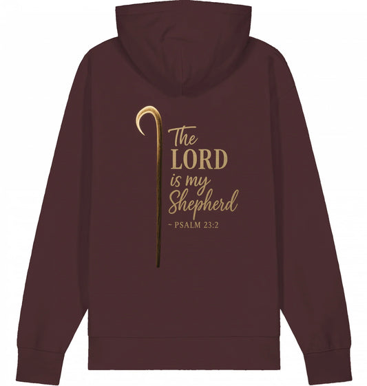 Hoodie – The Lord is my Shepherd - rot brauner Hoodie mit goldfarbenem Hirtenstab und dem Schriftzug „The Lord is my Shepherd – Psalm 23:2“ als großer Rückendruck.